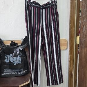 High-Waist Striped Wide-Leg Trousers in Black, White & Pink